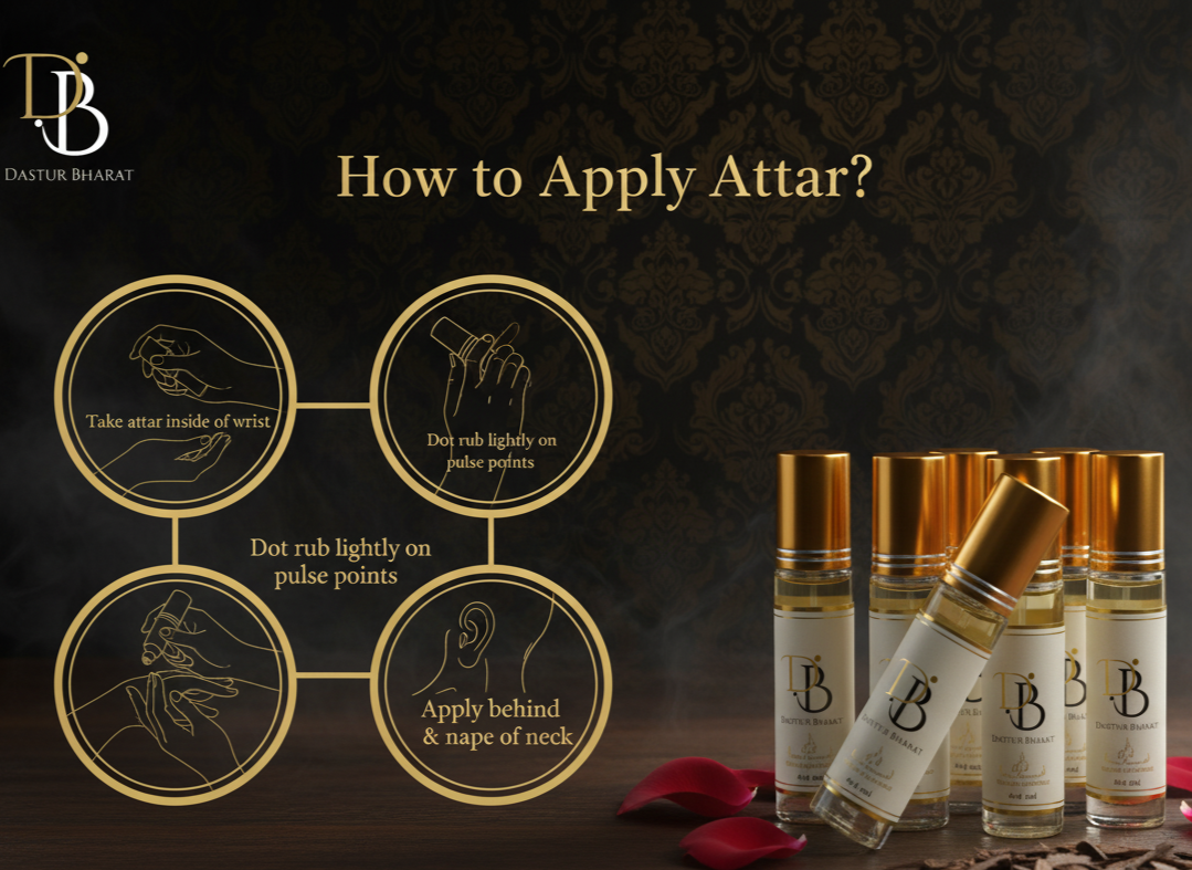 DB Attar bottles with application instructions on a dark background