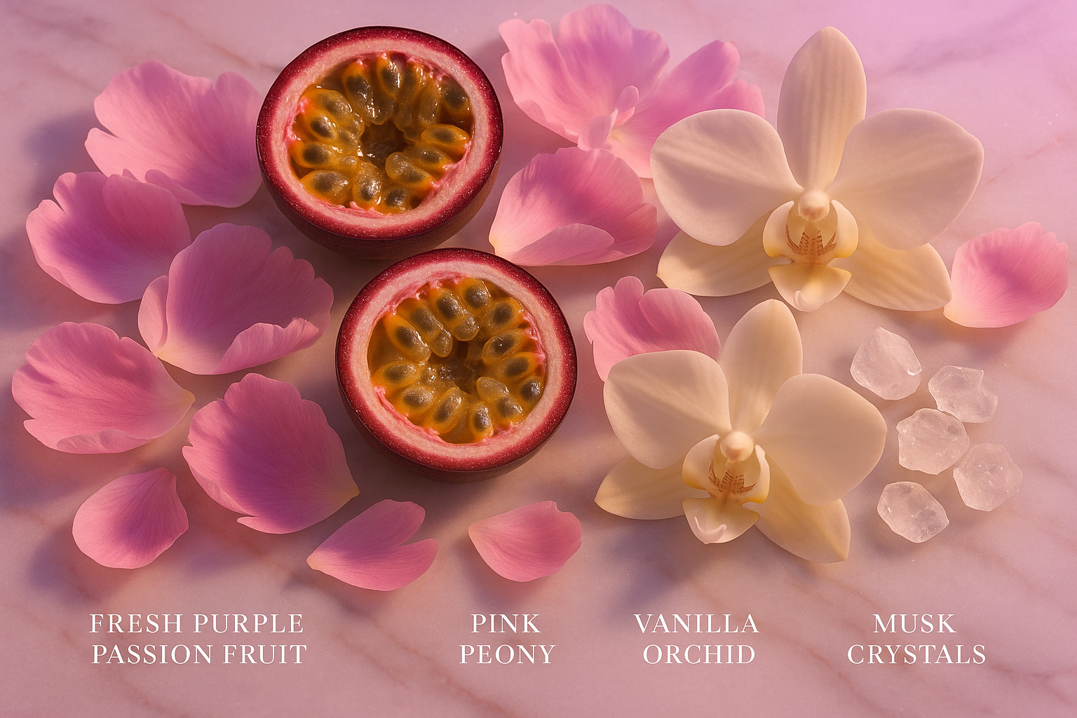 generate an image showcasing notes of Dastur Bharat Bombshell perfume (it is inspired version of Victoria Secret Bombshell- the brand name shouldn't be anywhere in the picture, just use it to mention notes profile)