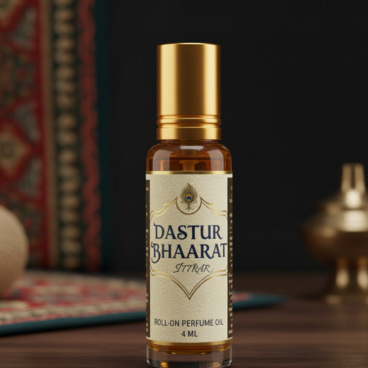 Bottle of Dastur Bhaarat Ittar roll-on perfume oil on a wooden surface with a dark background.