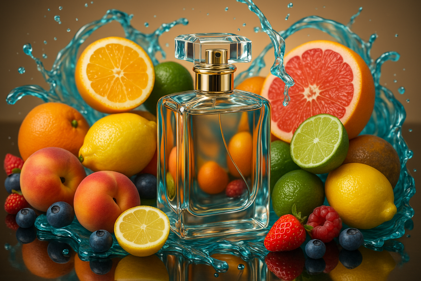 artful blend of citrus & fruits, and aqua around a glass perfume bottle